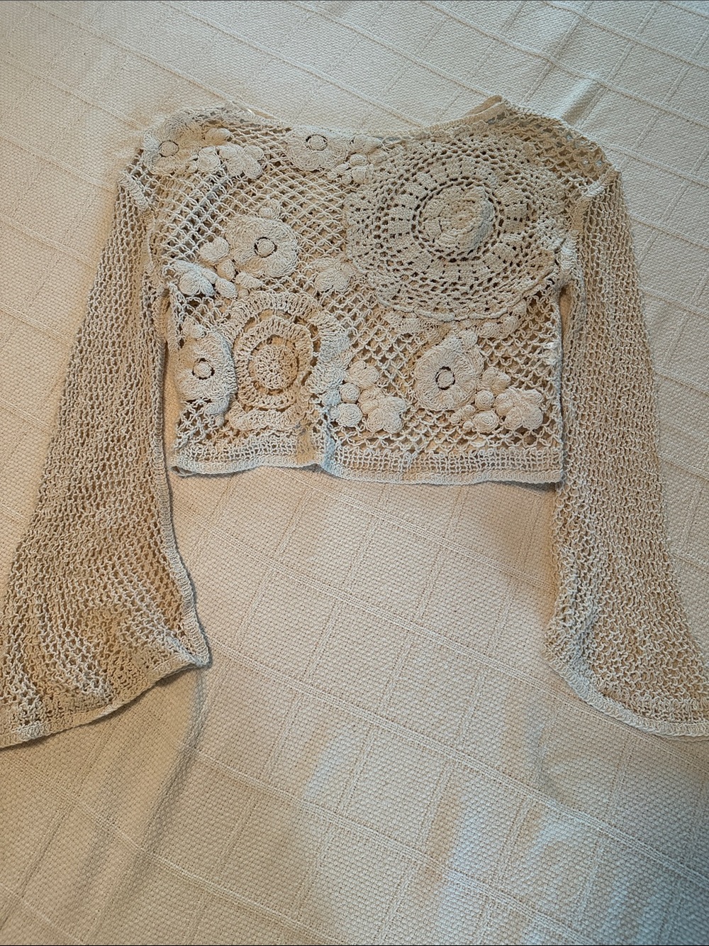 Zara Cream Crochet Long-Sleeve Crop Top